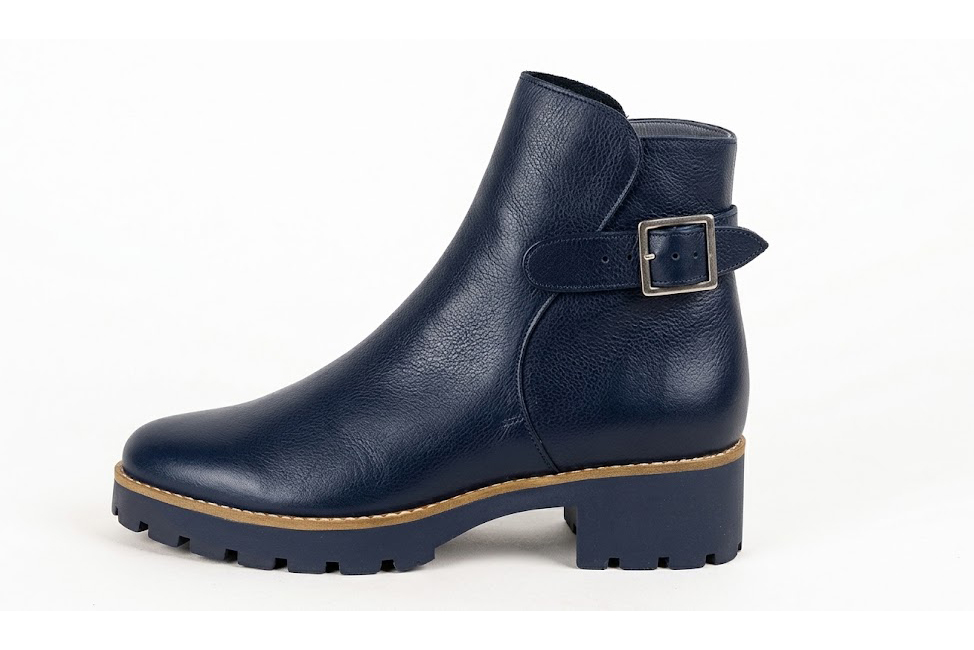 Sophisticated leather ankle boots detailed with an elegant back buckle and heel-strap finish for a distinct couture look, in navy blue leather with round toe and chunky rubber lug sole - Florence KOOIJMAN